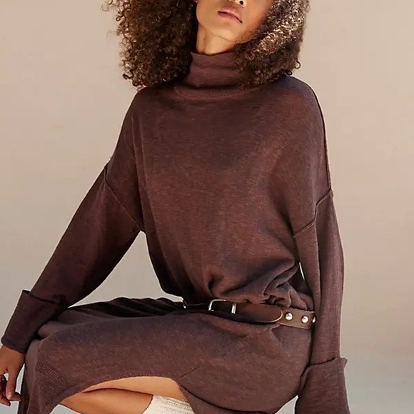FP Beach Brown Turtleneck Midi Cotton Linen Oversized Sweater Dress Medium - Picture 4 of 10